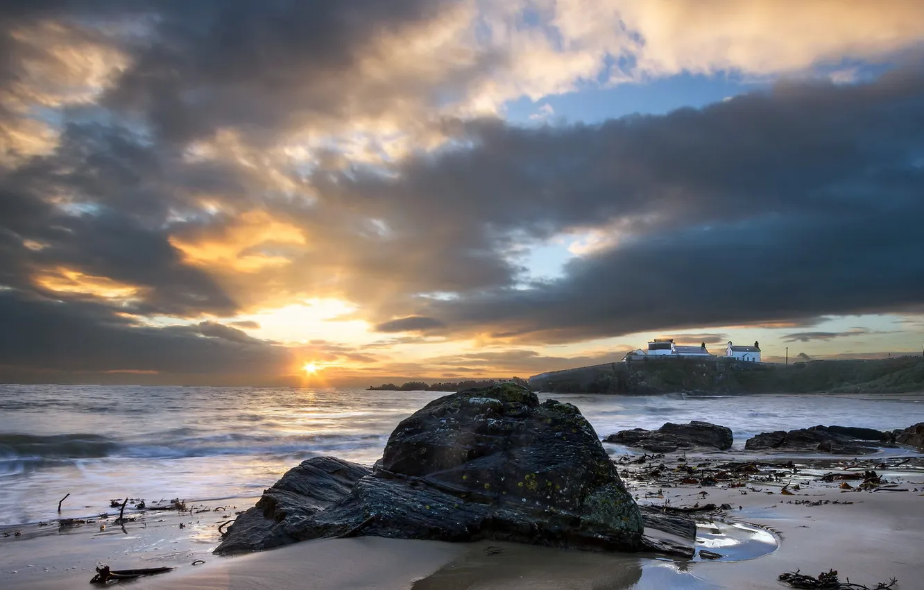 Фото обои море, закат, берег, маяк