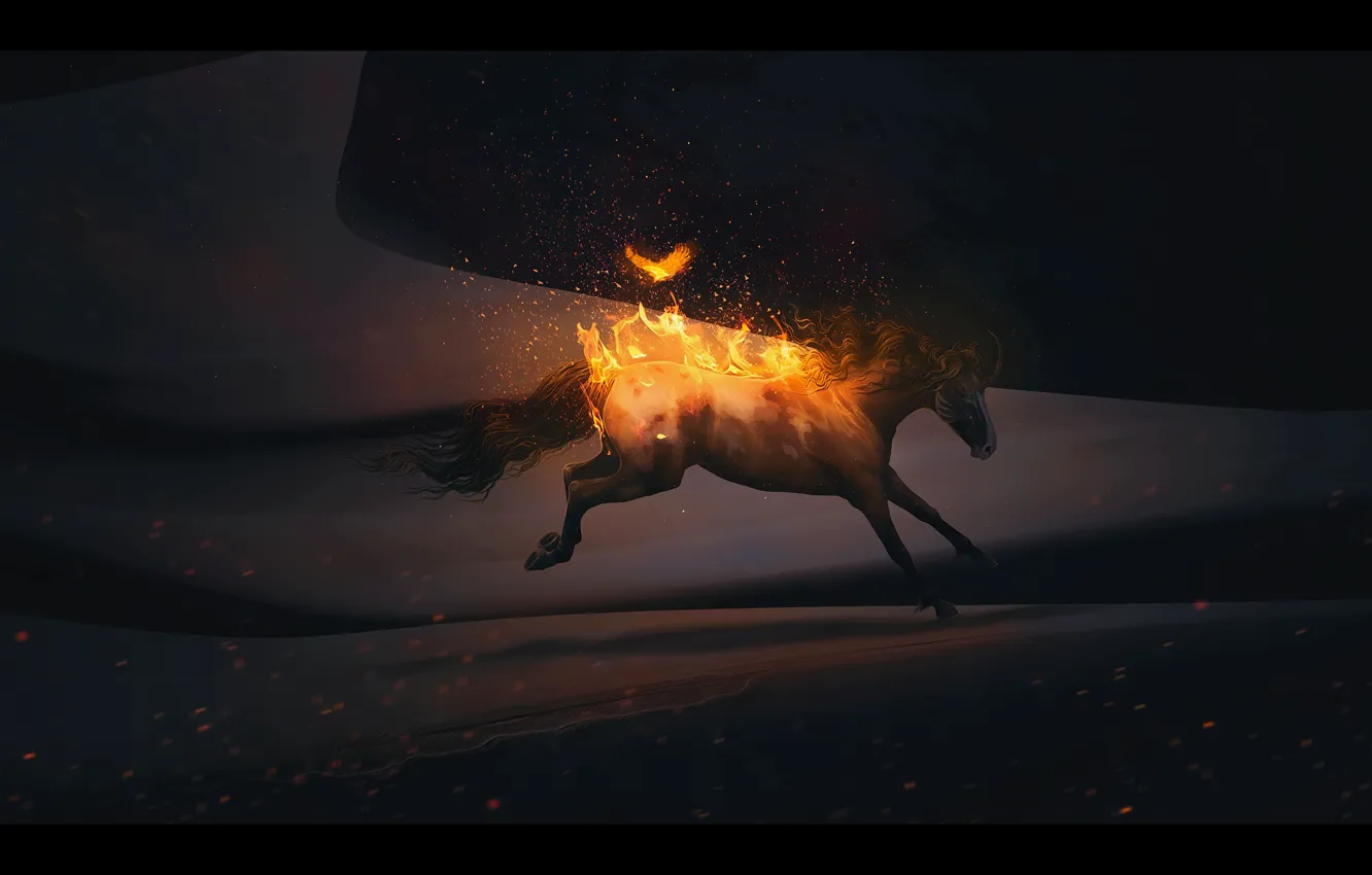 Фото обои огонь, птица, лошадь, фэнтези, by Neverrmind