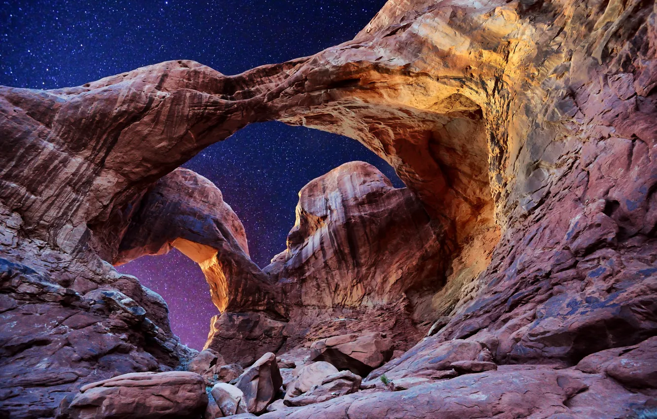 Фото обои небо, звёзды, арка, Юта, США, Utah, Arches National Park, Double Arch