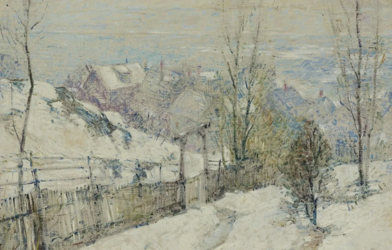 Фото обои зима, пейзаж, картина, Guy Carleton Wiggins, Тихо Падающий Снег