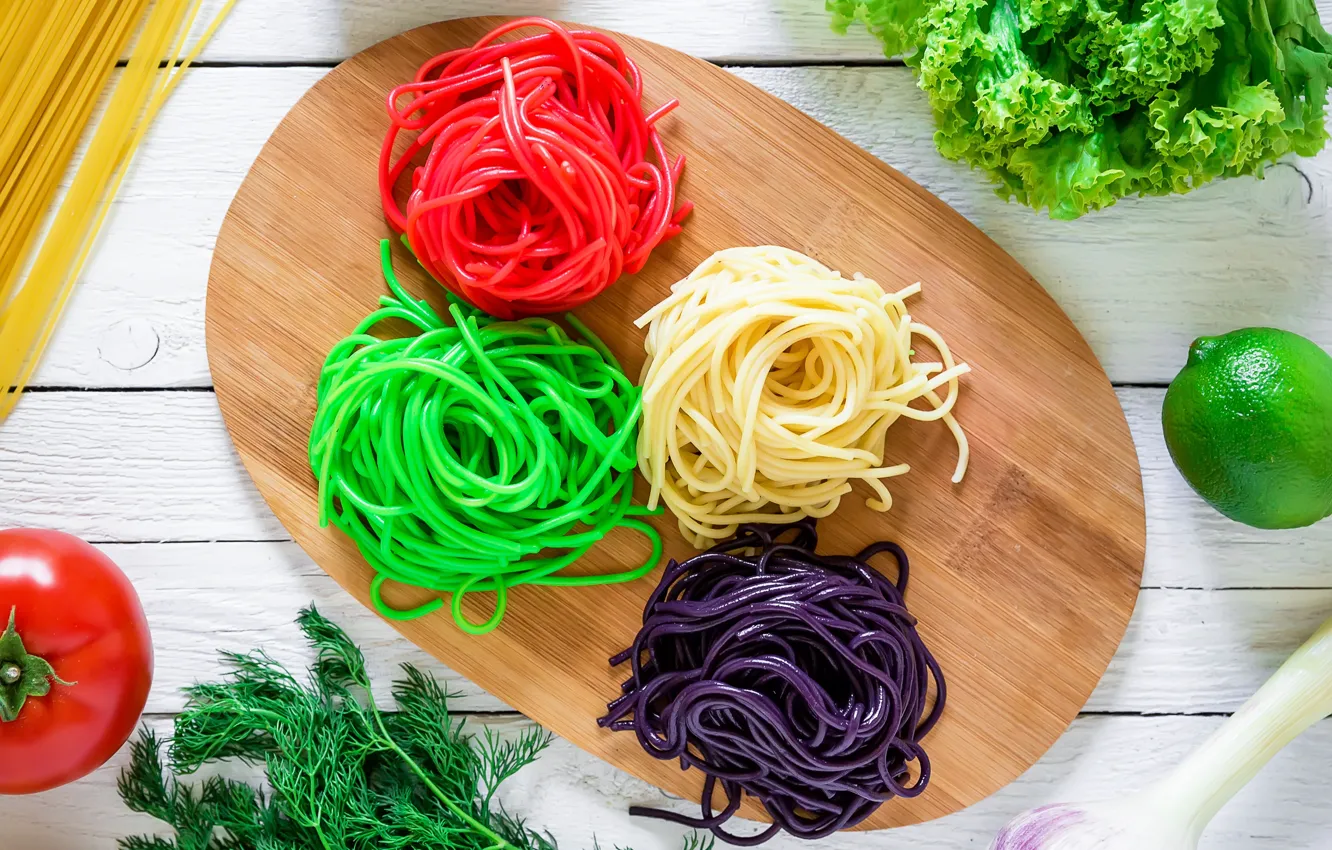Фото обои укроп, лайм, овощи, помидор, спагетти, color, листья салата, avocado