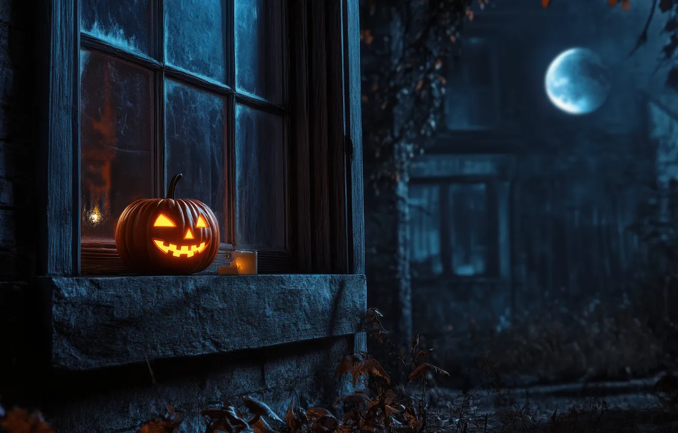 Фото обои Ночь, Луна, Дом, Тыква, Окно, Halloween, Хэллоуин, Цифровое искусство