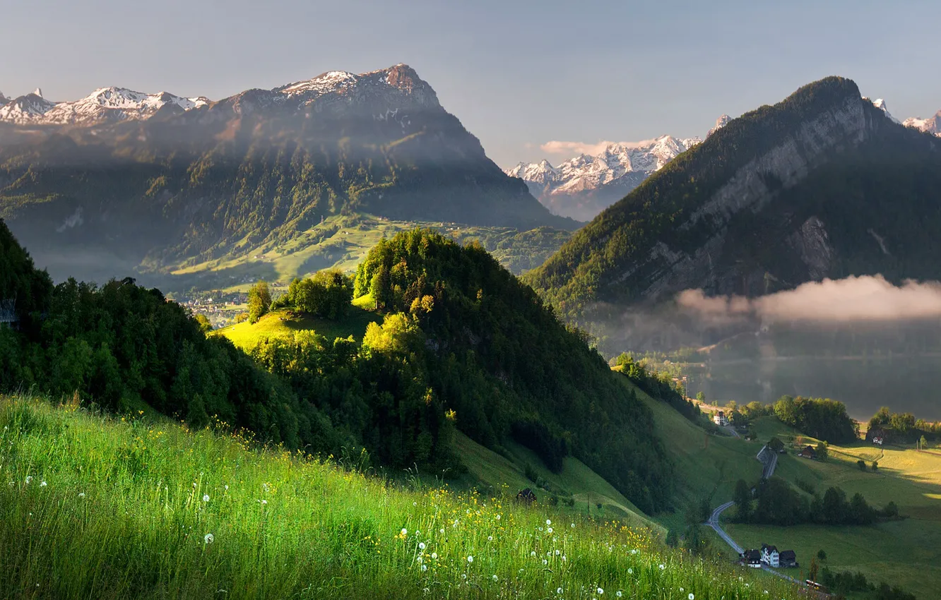 Фото обои дорога, горы, природа, туман, рассвет, Швейцария, долина