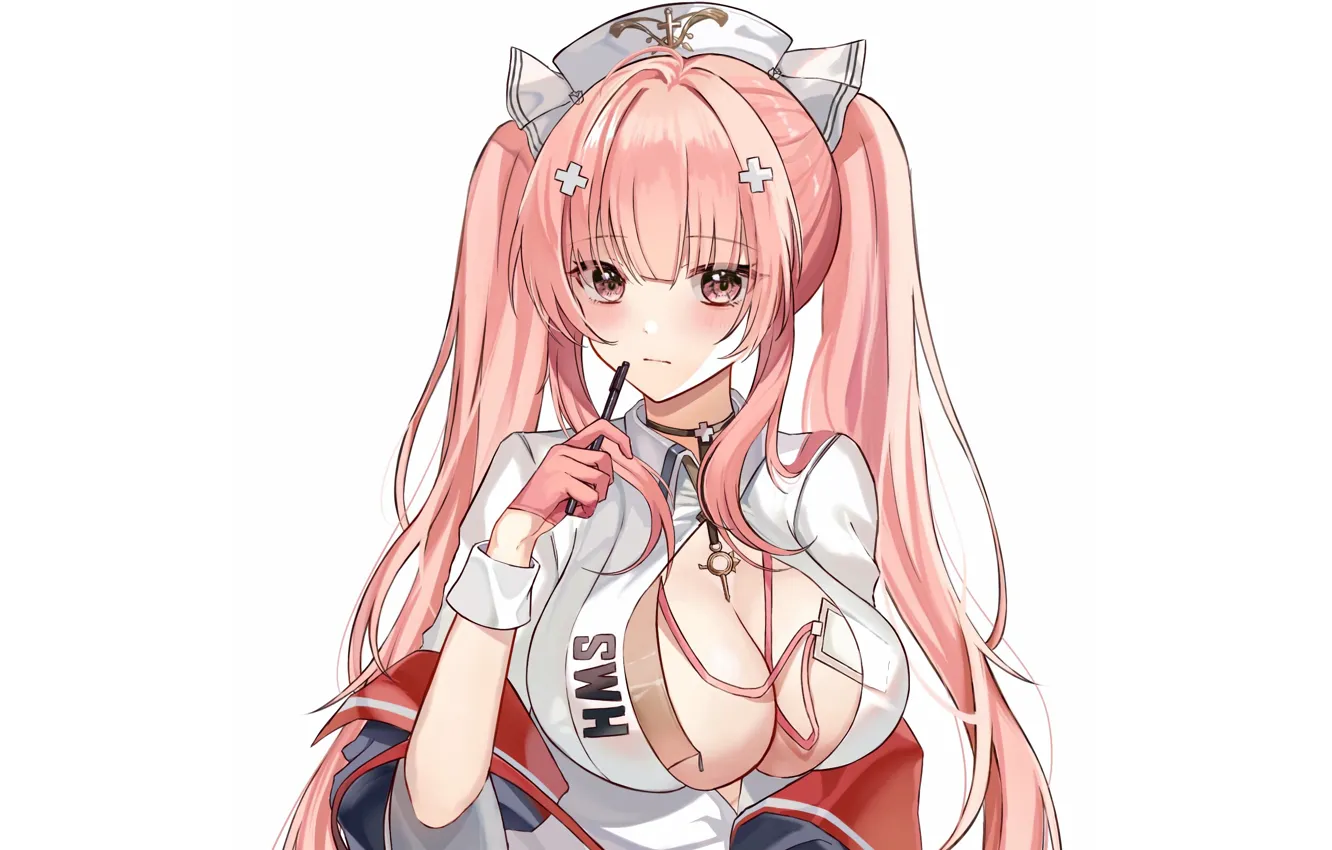 Фото обои girl, sexy, cleavage, pink hair, long hair, dress, boobs, anime