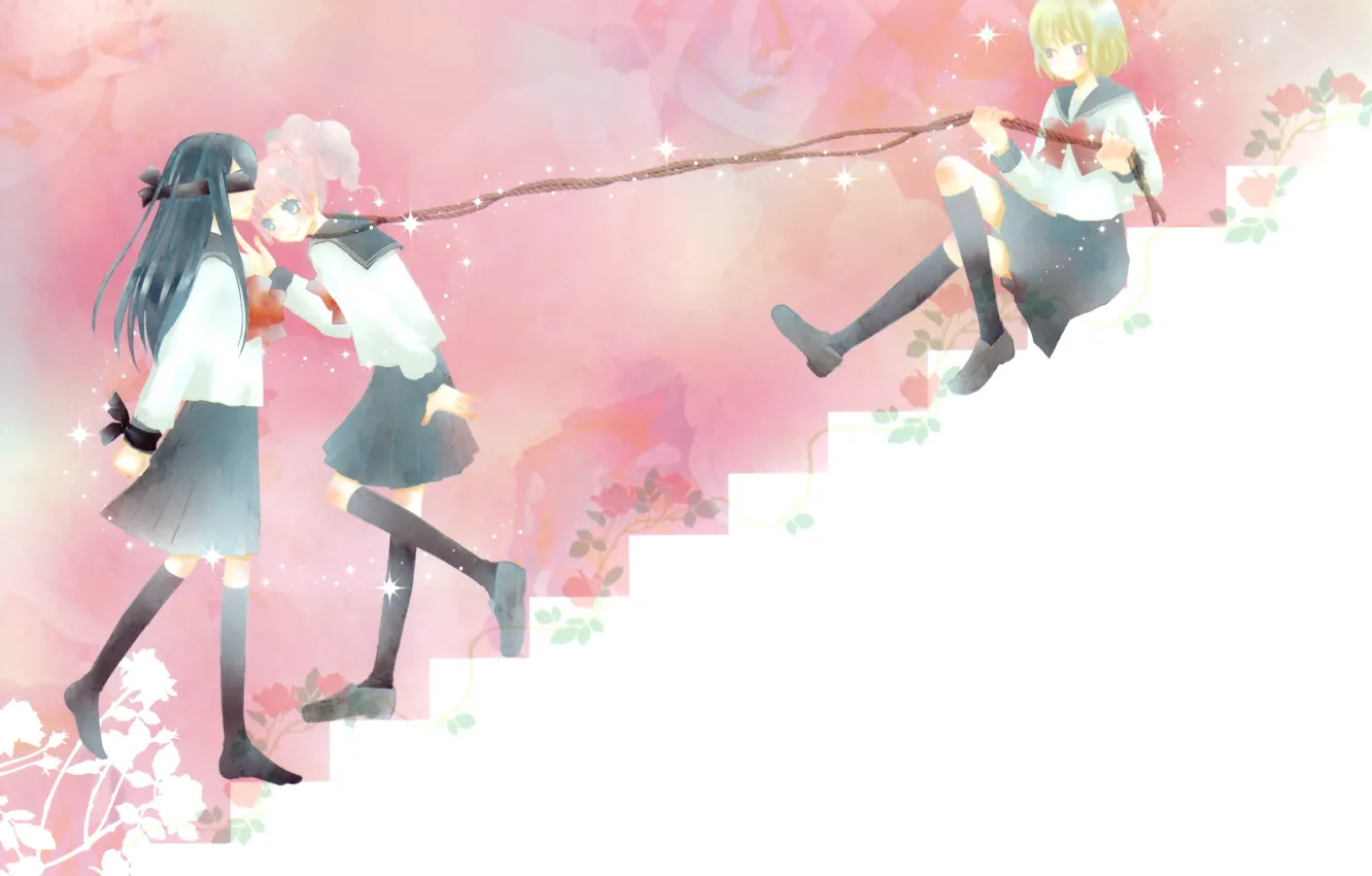 Фото обои звезды, цветы, девушки, аниме, арт, повязка, ступеньки, mako takahashi