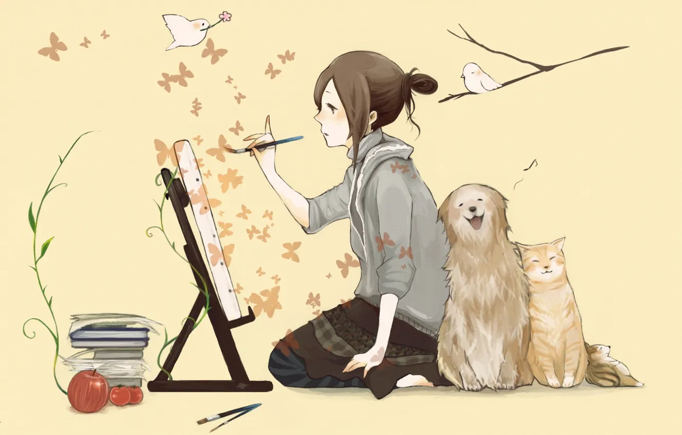 Фото обои кошка, бабочки, птицы, книги, собака, девочка, кисть, рисует
