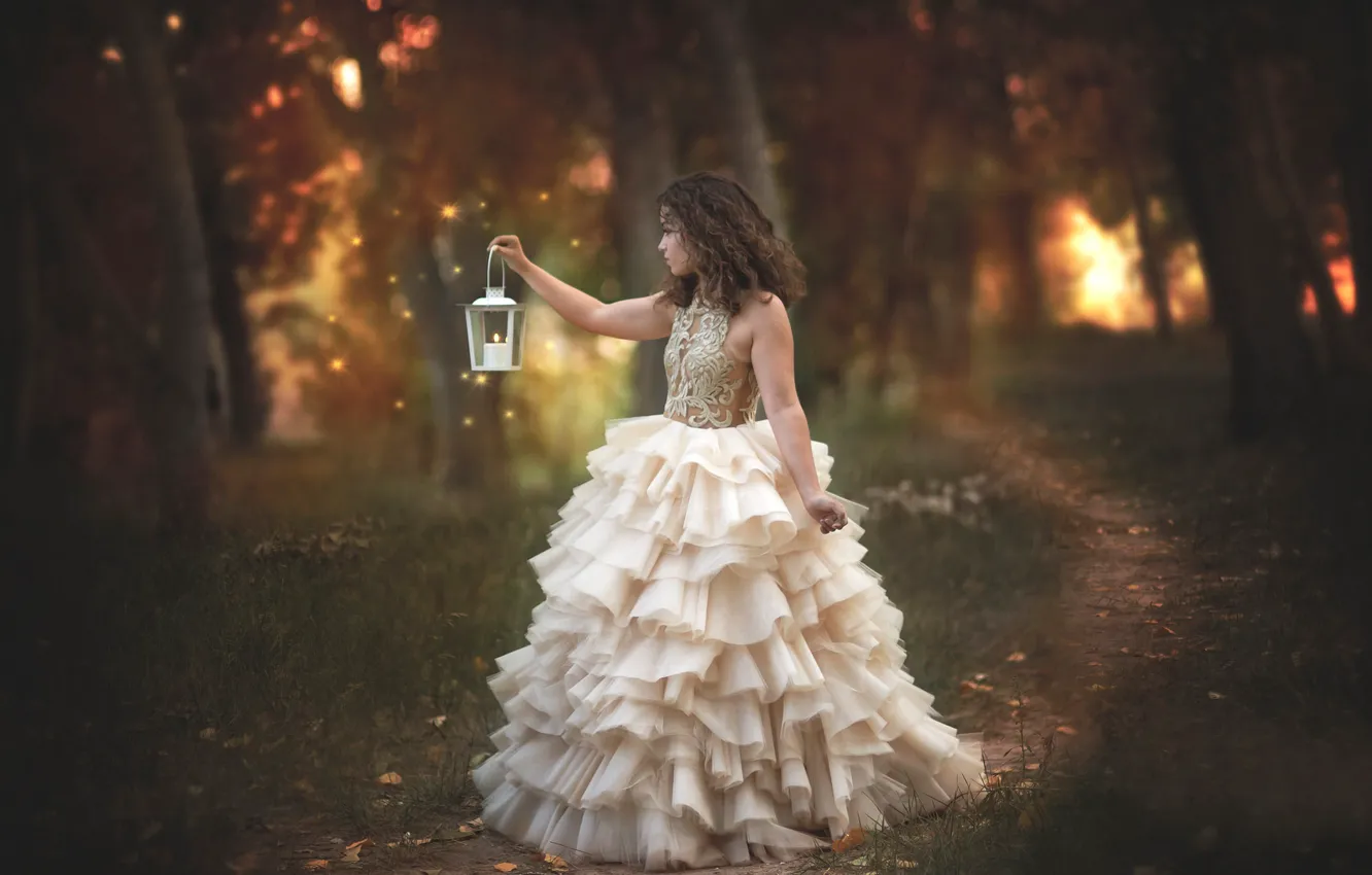 Фото обои лес, девушка, настроение, огоньки, платье, фонарик, тропинка