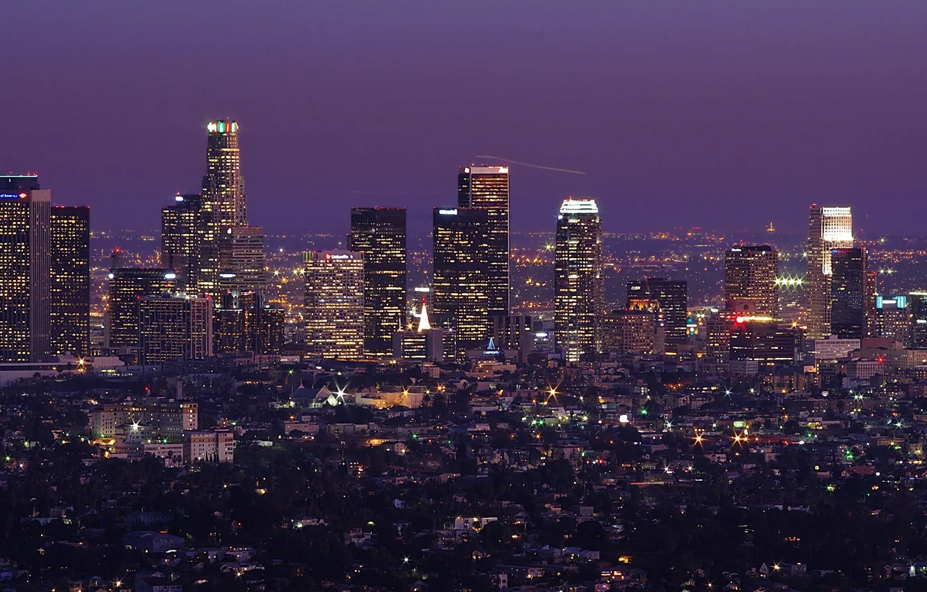 Фото обои деревья, ночь, небоскребы, горизонт, Лос-Анджелес, Los Angeles, длинная экспозиция