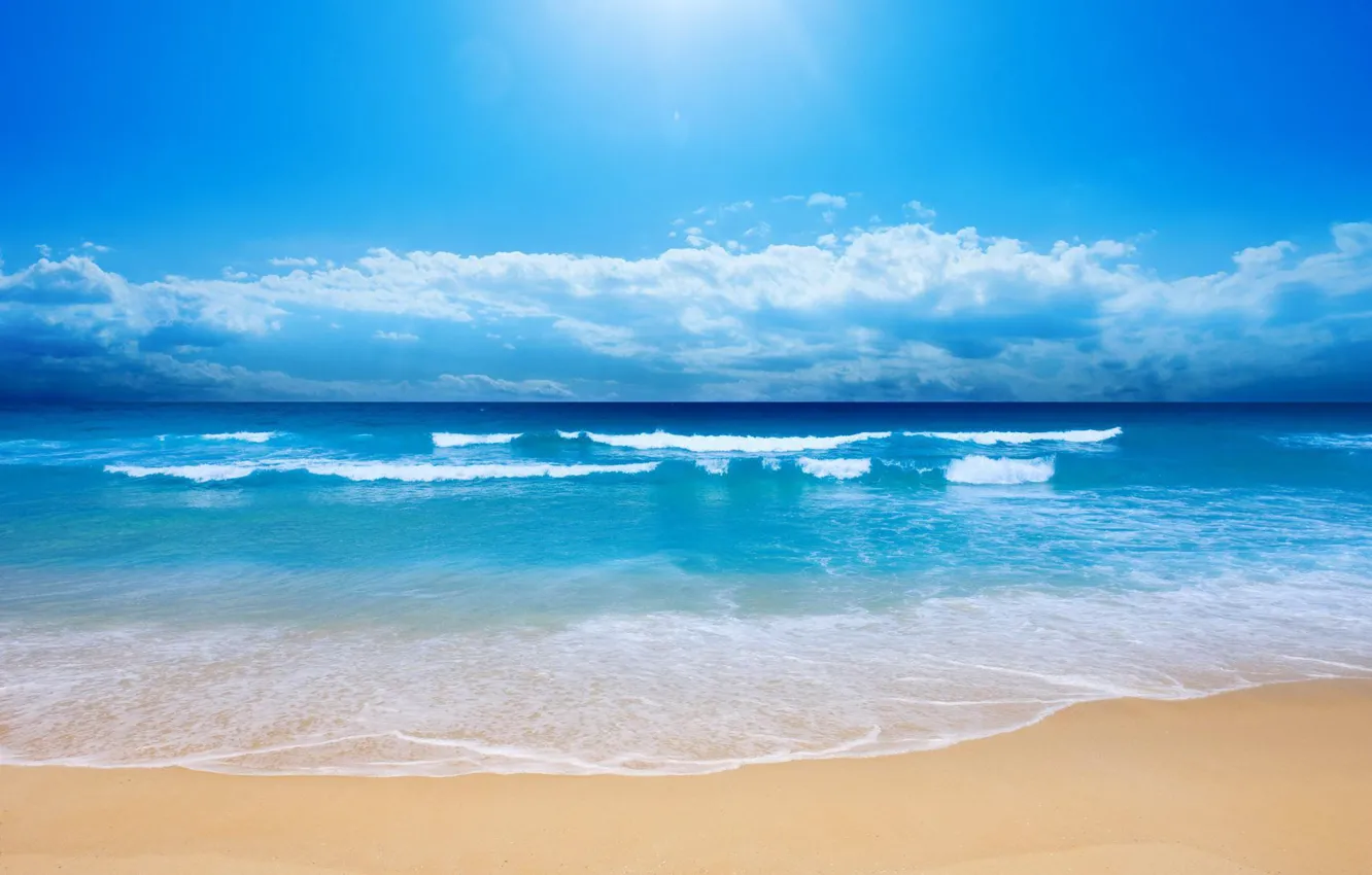 Фото обои песок, море, пляж, солнце, облака