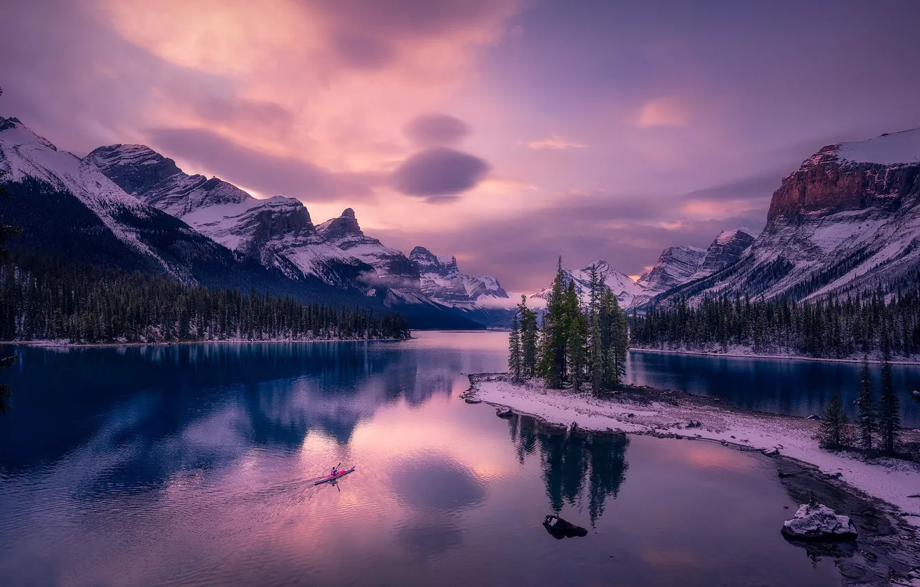 Фото обои деревья, горы, озеро, остров, Канада, Альберта, Alberta, Canada
