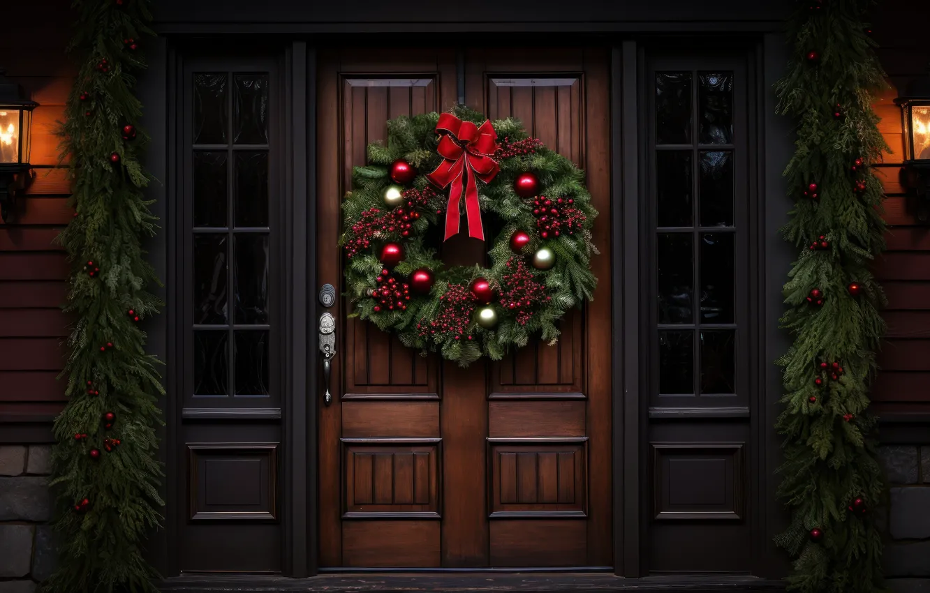 Фото обои украшения, Новый Год, дверь, Рождество, Christmas, венок, wood, New Year