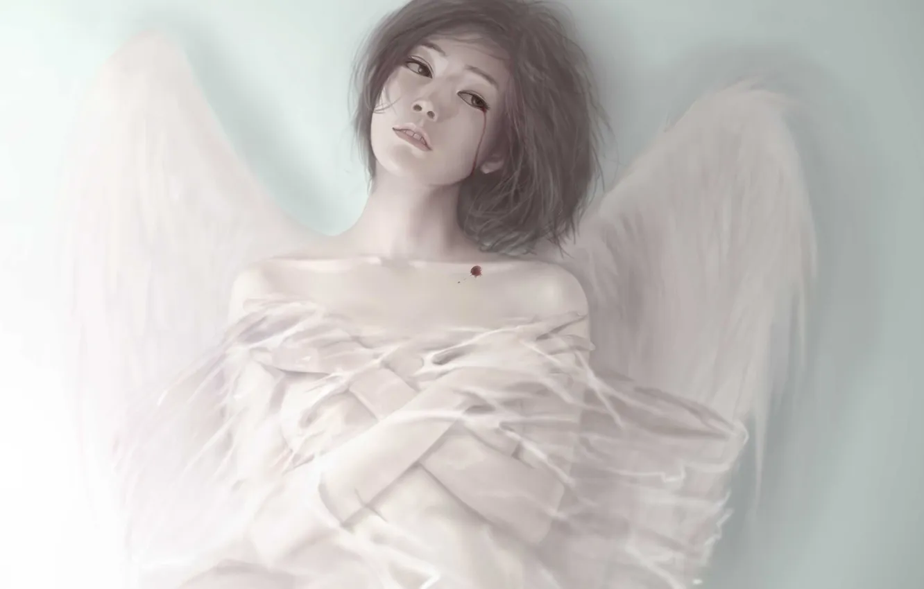Фото обои девушка, кровь, крылья, ангел, арт, слеза, плёнка, целлофан