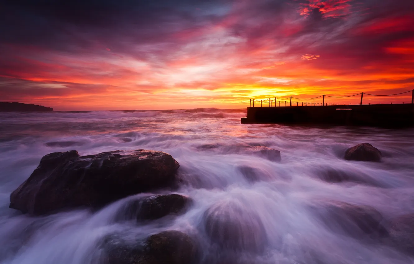 Фото обои камни, океан, рассвет, Австралия, South Curl Curl Pool