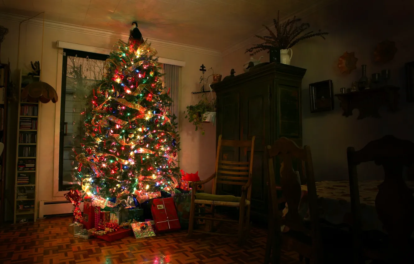 Фото обои комната, елка, новый год, подарки