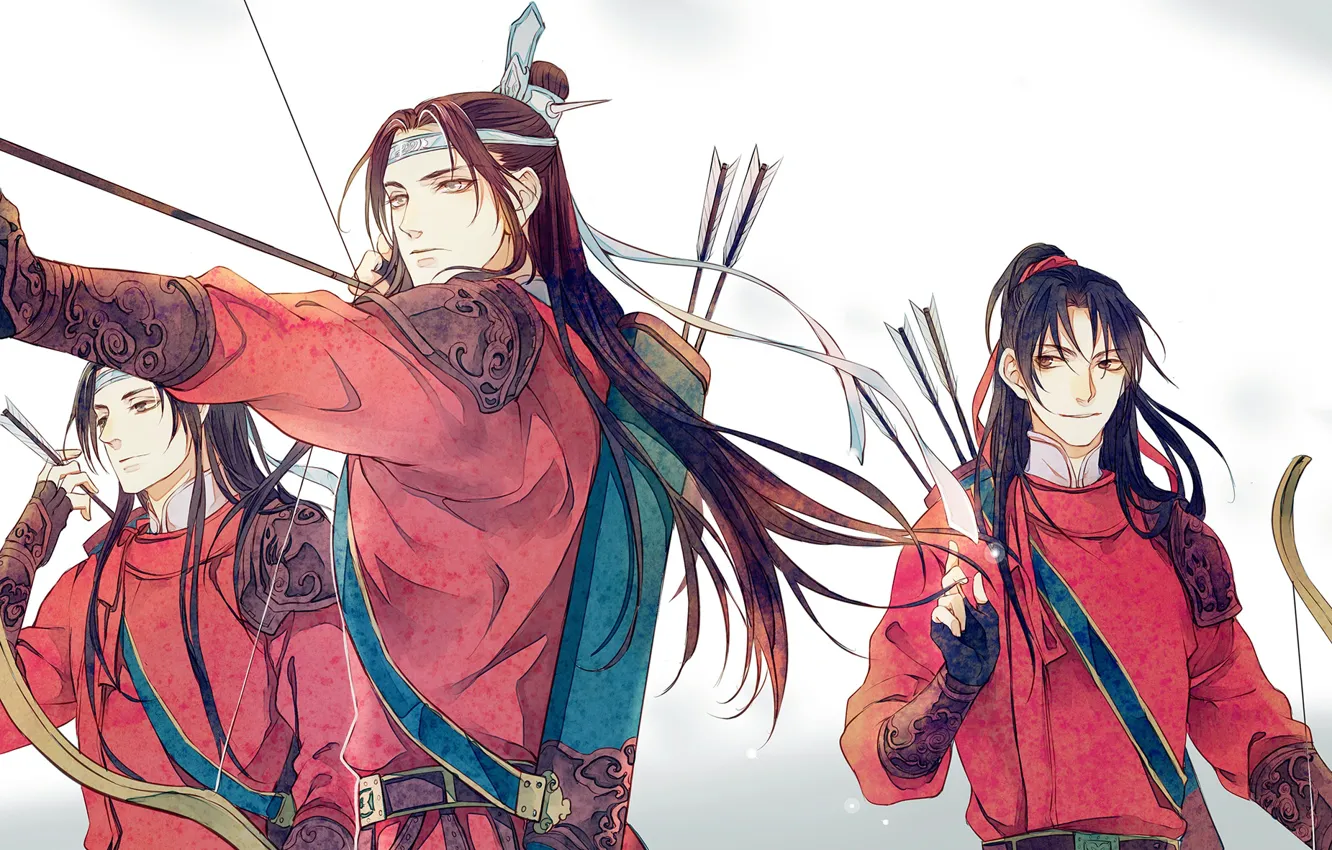 Фото обои лук, лента, стрелы, длинные волосы, колчан, лучники, три парня, клан