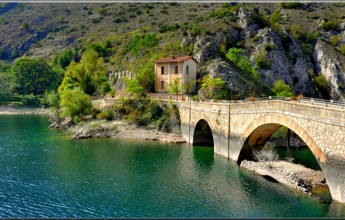 Фото обои горы, мост, озеро, дом, Италия, Виллалаго
