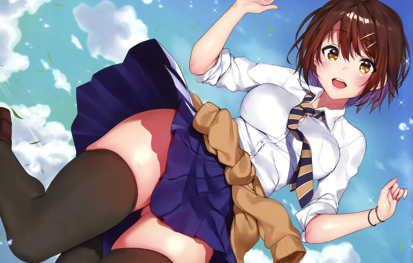 Фото обои girl, sexy, school uniform, thighhighs, legs, boobs, anime, beautiful