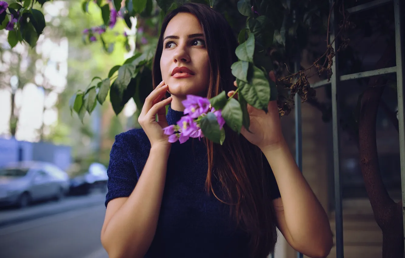 Фото обои Girl, Lingerie, Beautiful, Blue, Flowers, France, Street, Canon