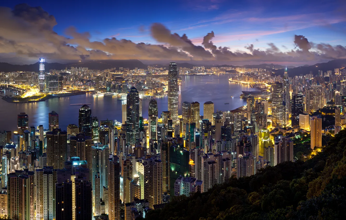 Фото обои облака, город, огни, вечер, гонг конг, Hong Kong