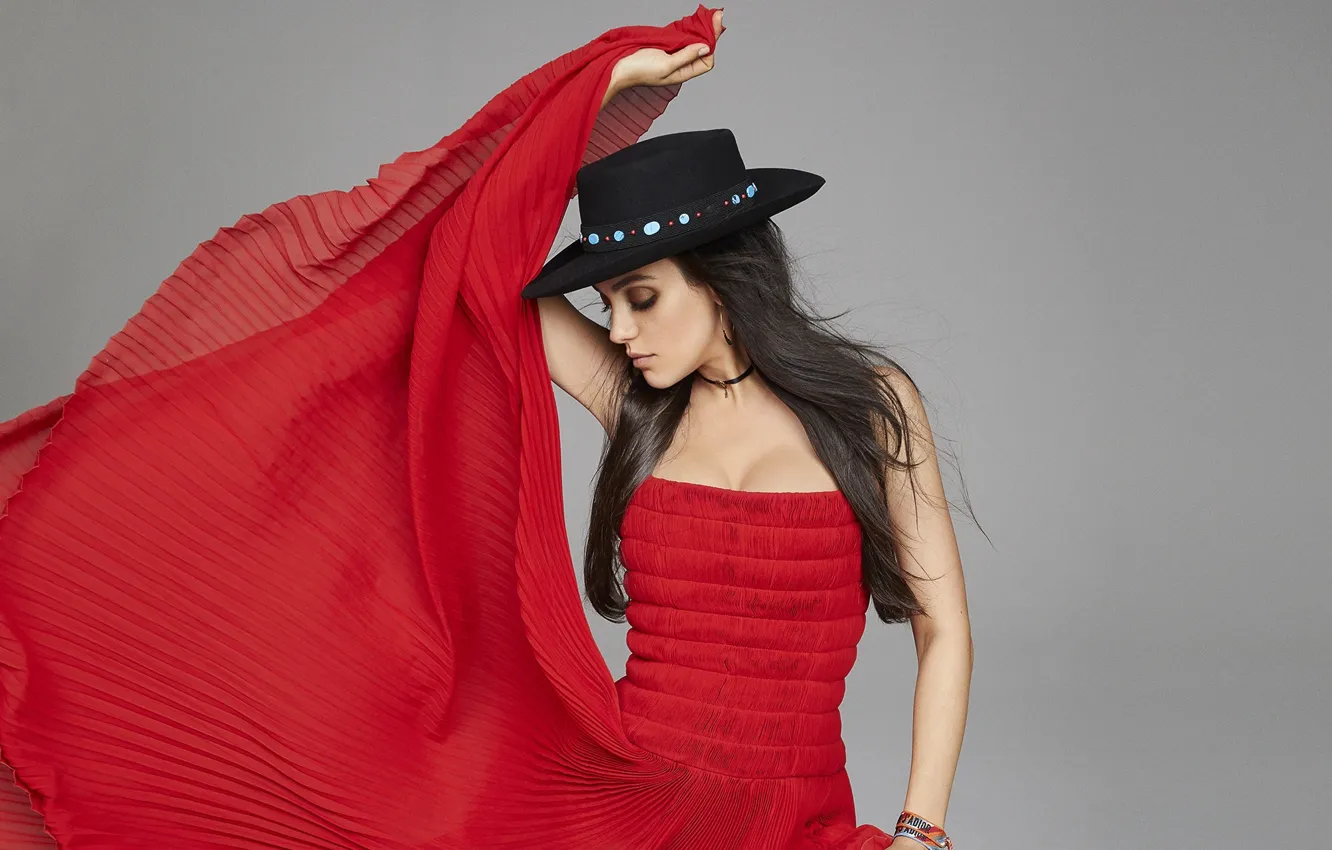 Фото обои шляпа, актриса, красное платье, Mila Kunis