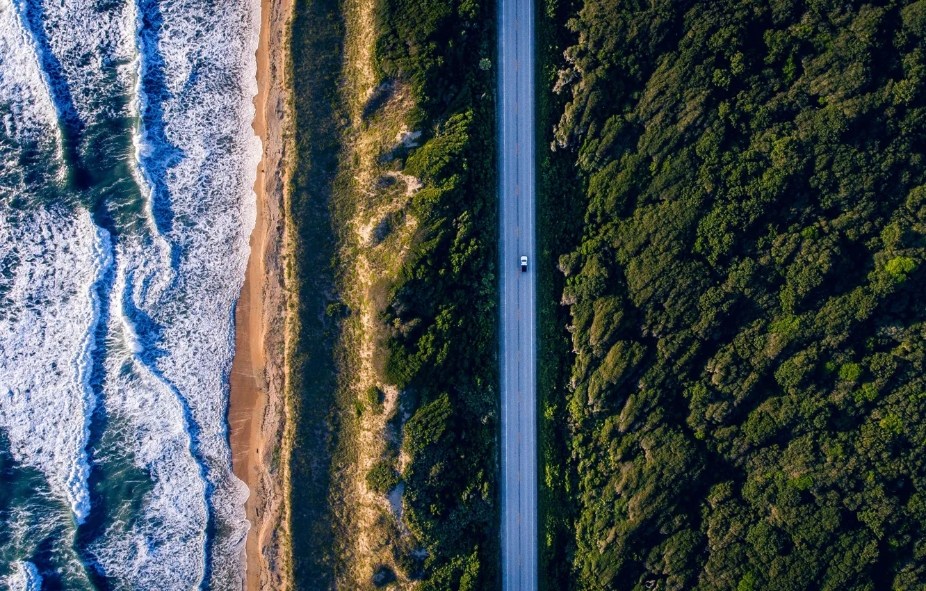 Фото обои Car, Nature, Wood, Beach, Street, View, Ocean, Trees