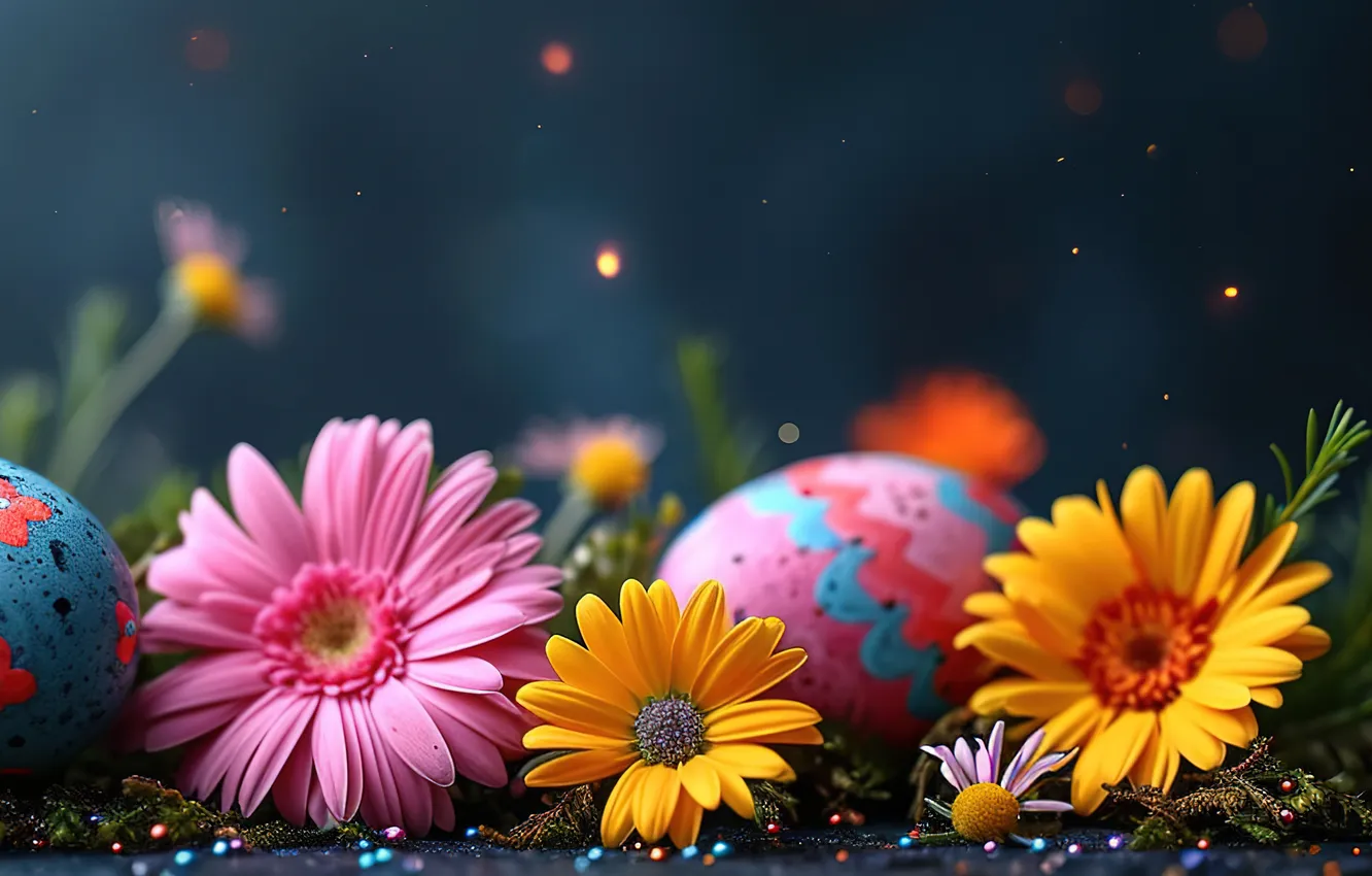Фото обои цветы, яйца, весна, colorful, Пасха, flowers, spring, Easter
