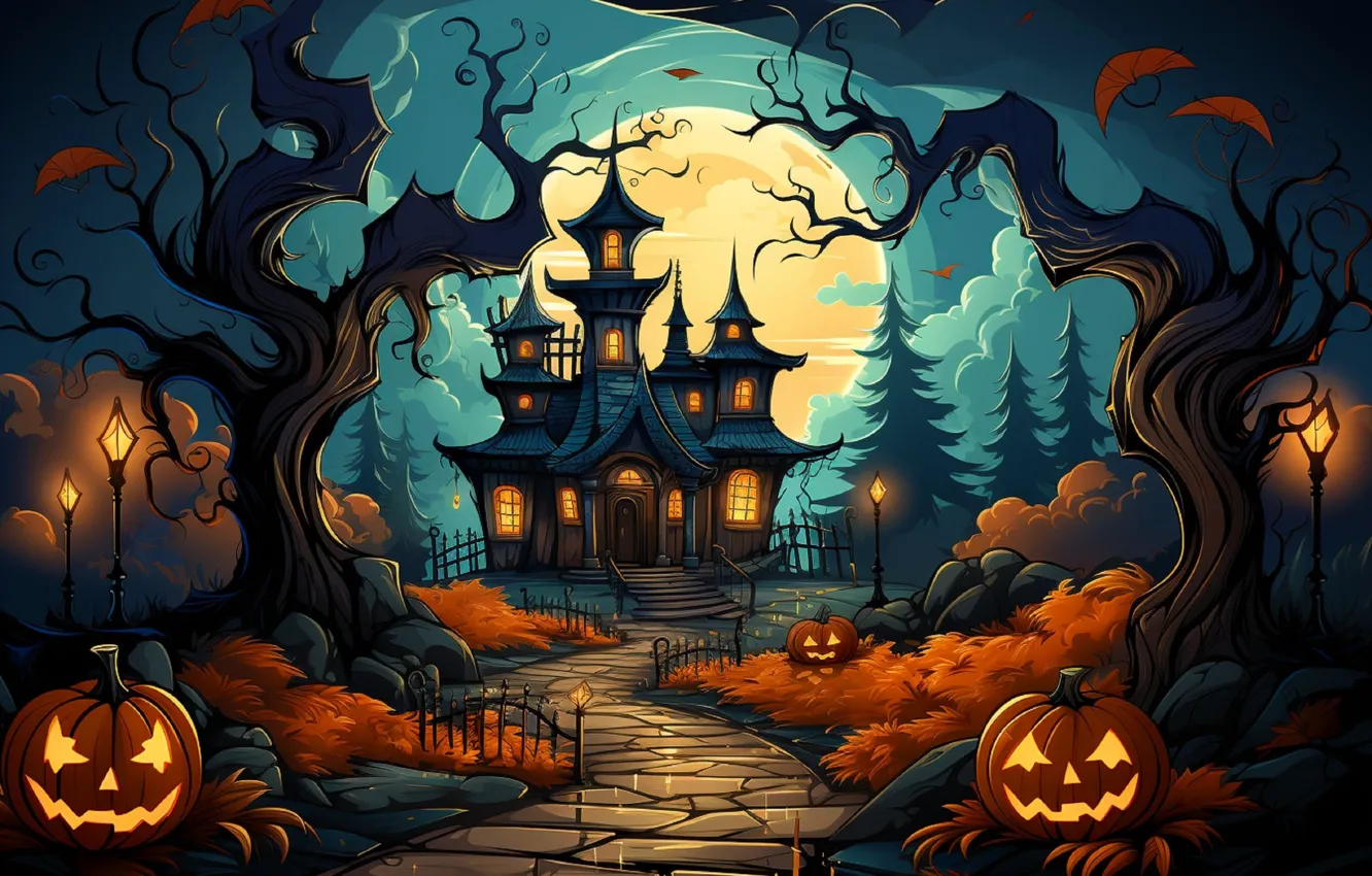Фото обои Огни, Ночь, Деревья, Луна, Лес, Дом, Тыквы, Halloween