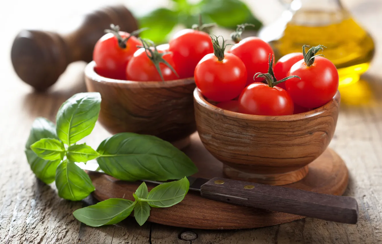 Фото обои масло, доска, помидоры, специи, базилик, Vegetables, Tomatoes