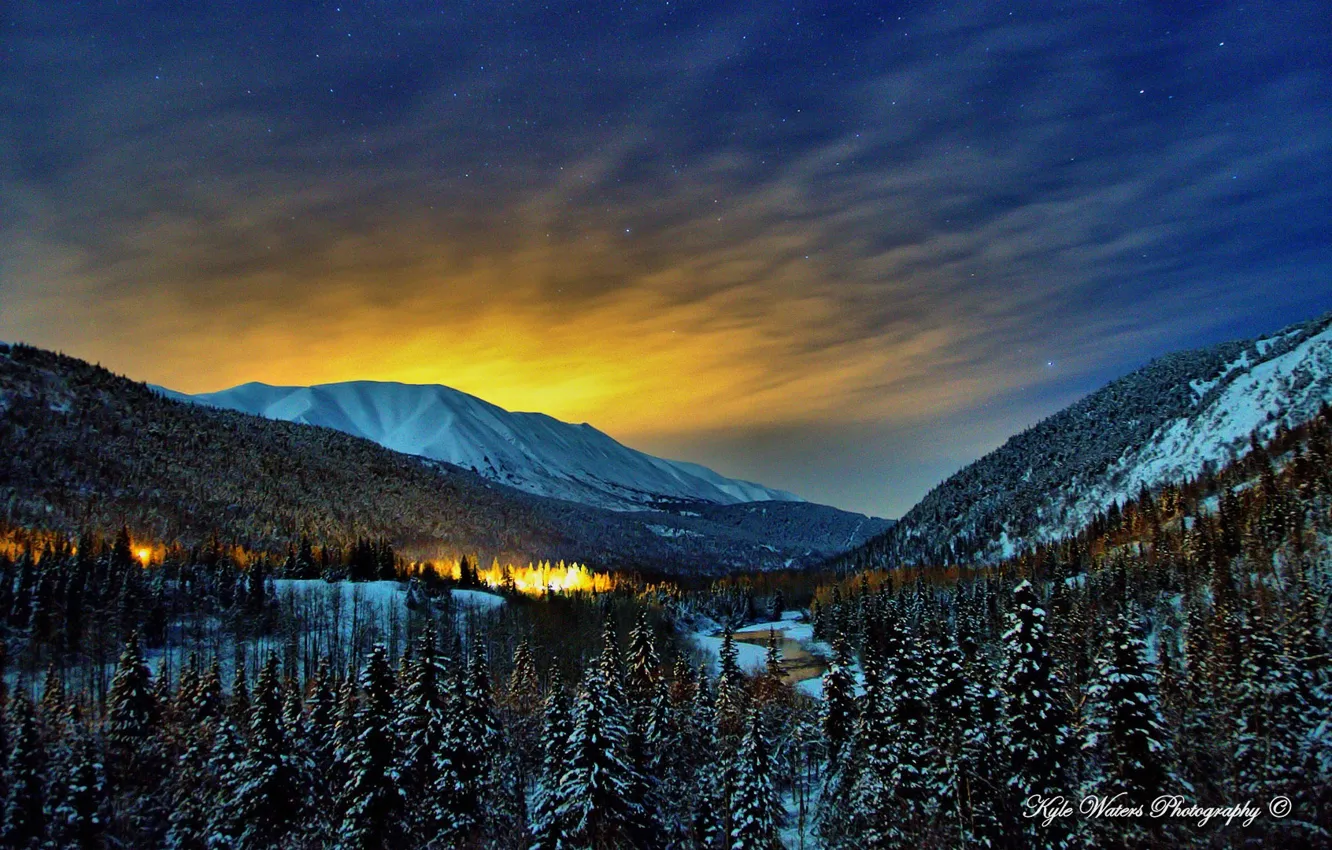 Фото обои зима, лес, снег, пейзаж, ночь, Канада, зарево