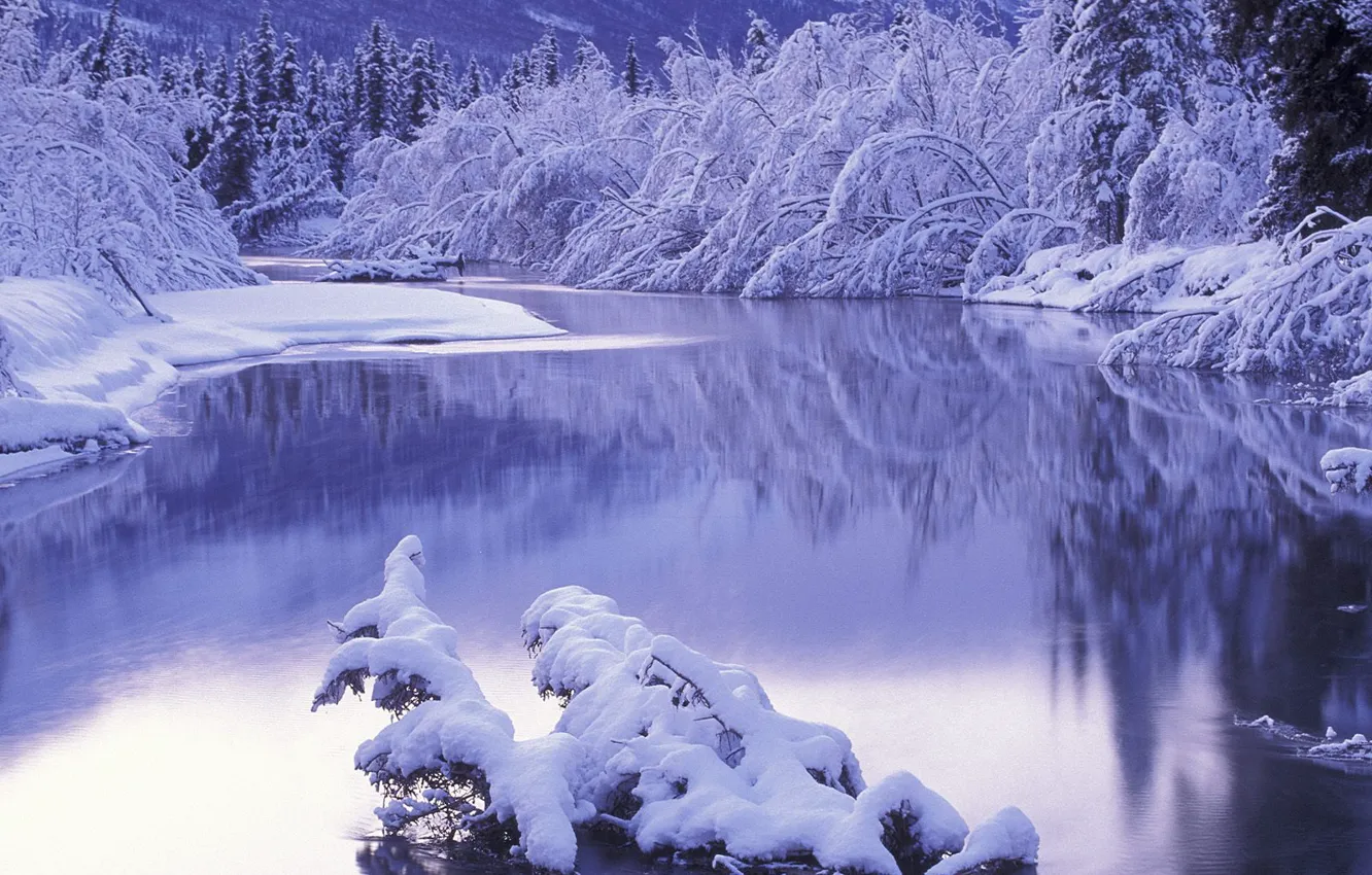 Фото обои зима, снег, пейзаж, река, зимний