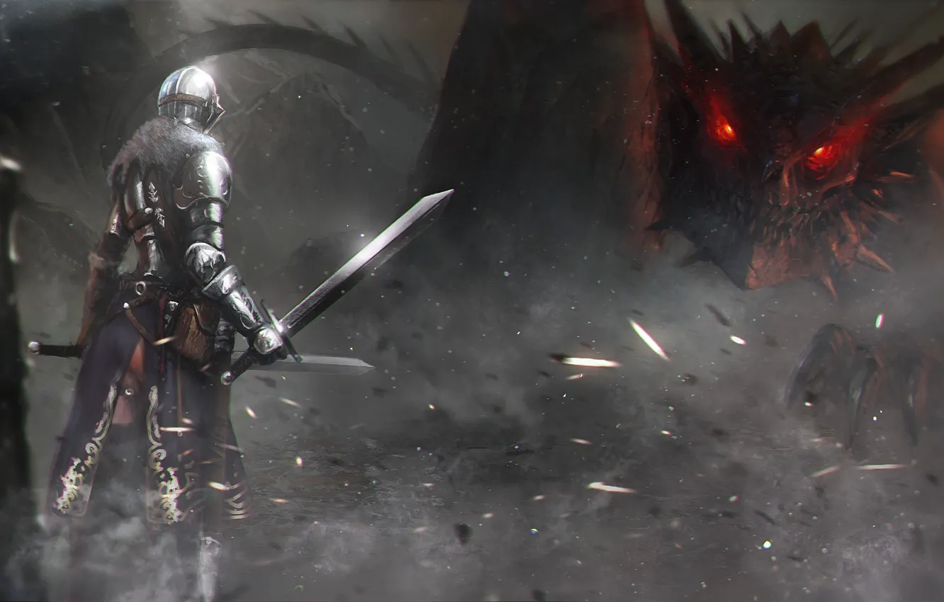 Фото обои дракон, меч, воин, арт, ящер, доспех, Dark Soul 2