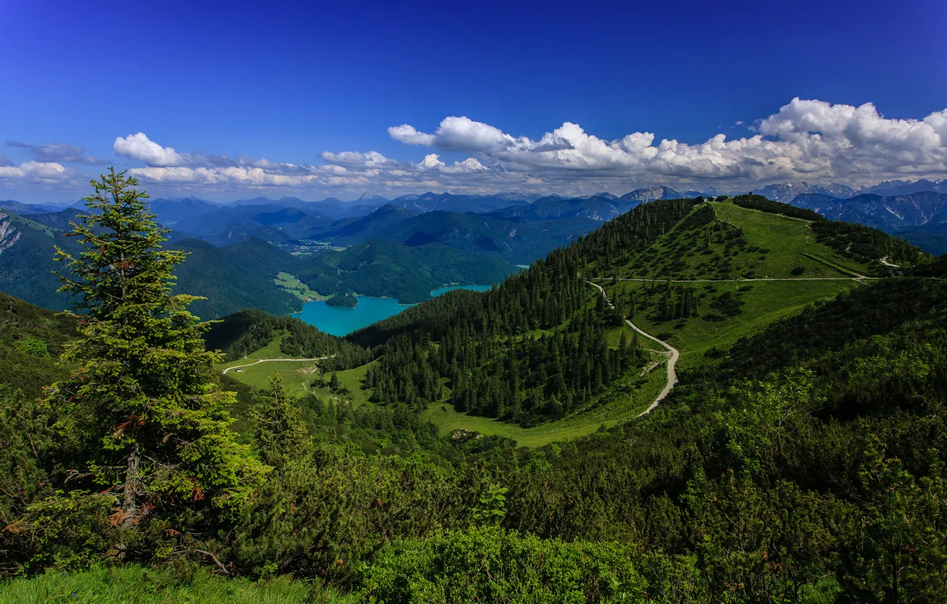 Фото обои горы, озеро, Германия, панорама, леса, Germany, Bavarian Alps, Баварские Альпы