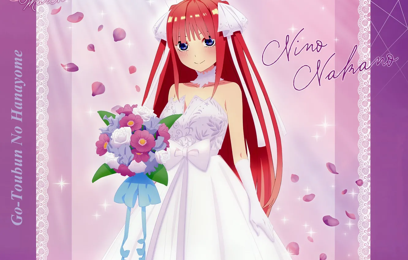 Фото обои корсет, невеста, свадебное платье, красные волосы, перчатки локтя, букет невесты, чокер, go-toubun no hanayome