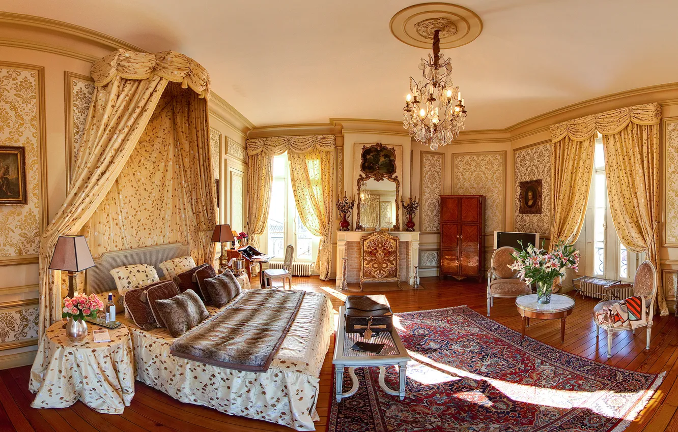 Фото обои замок, Франция, интерьер, спальня, Bordeaux, Chateau Pape Clément