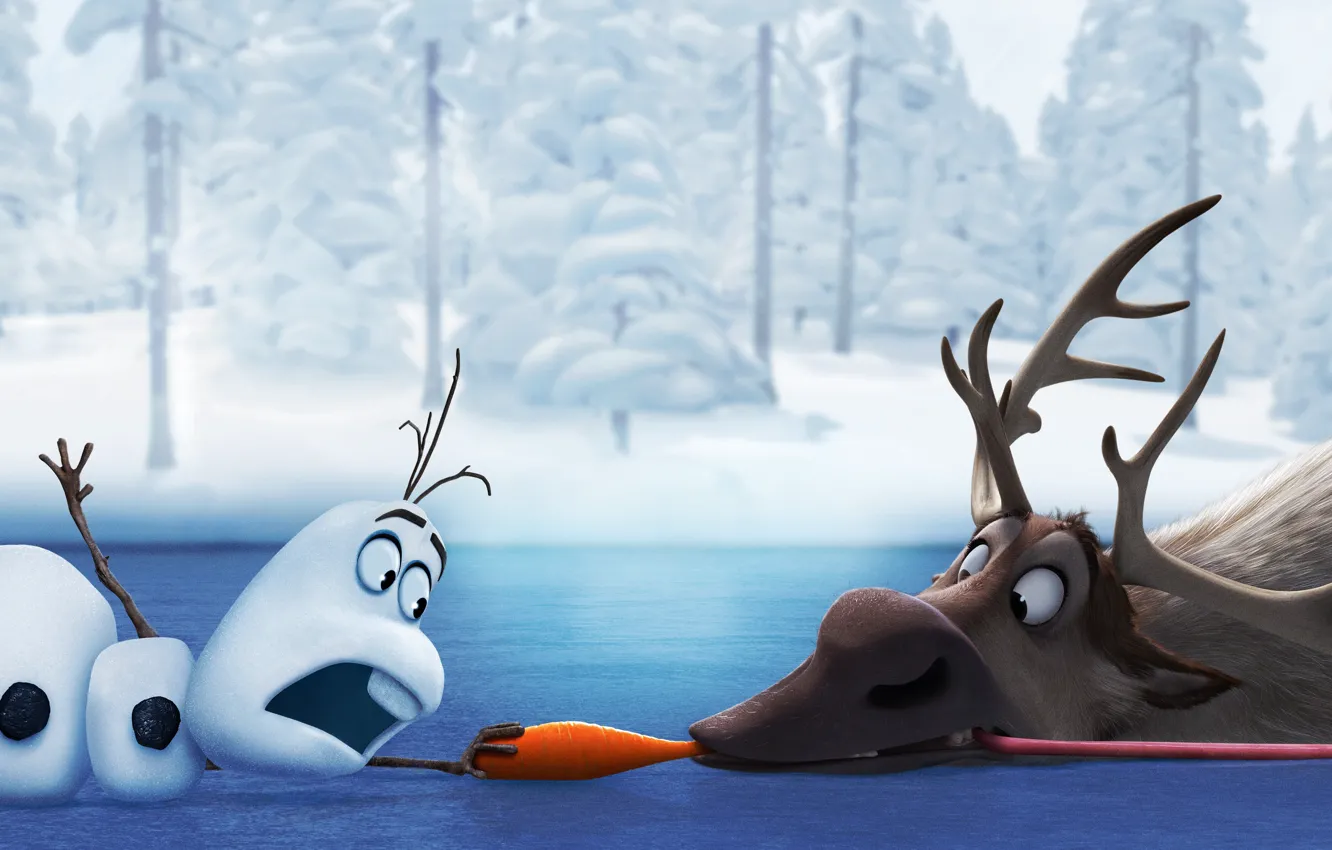 Фото обои Олень, Frozen, Мультфильм, Снеговик, Холодное сердце