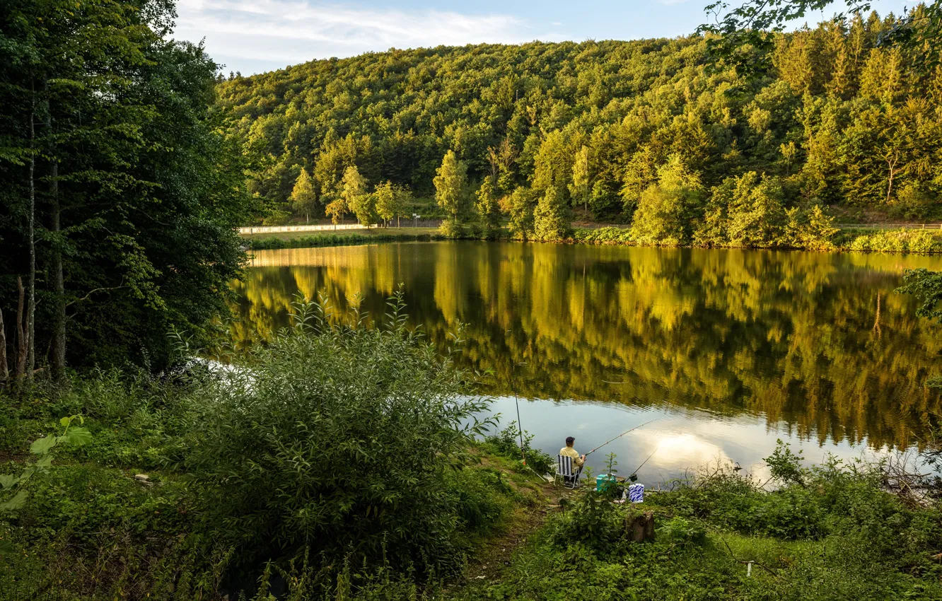 Фото обои зелень, лес, лето, деревья, озеро, отдых, рыбак, Германия