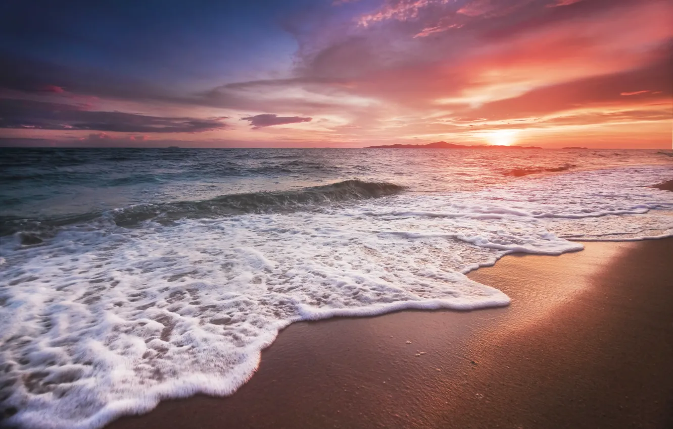 Фото обои море, пляж, закат, beach, sea, sunset, pink, seascape