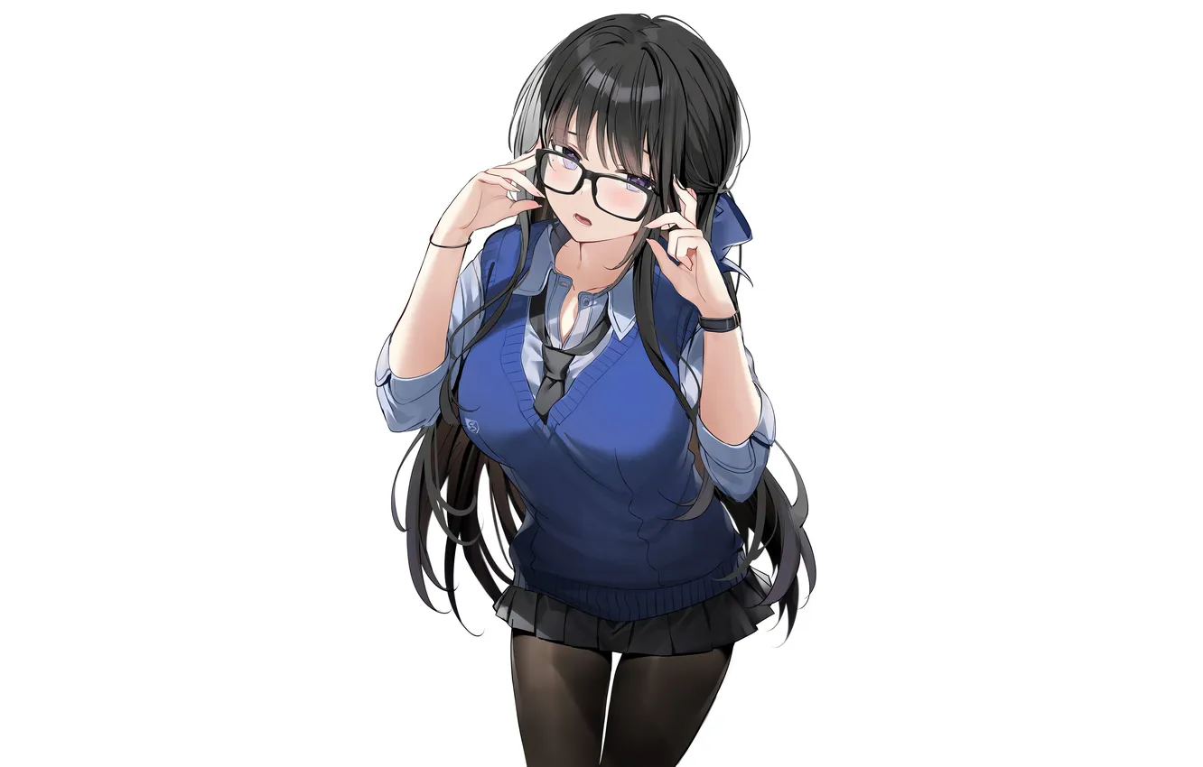Фото обои girl, school uniform, long hair, boobs, anime, beautiful, purple eyes, pretty