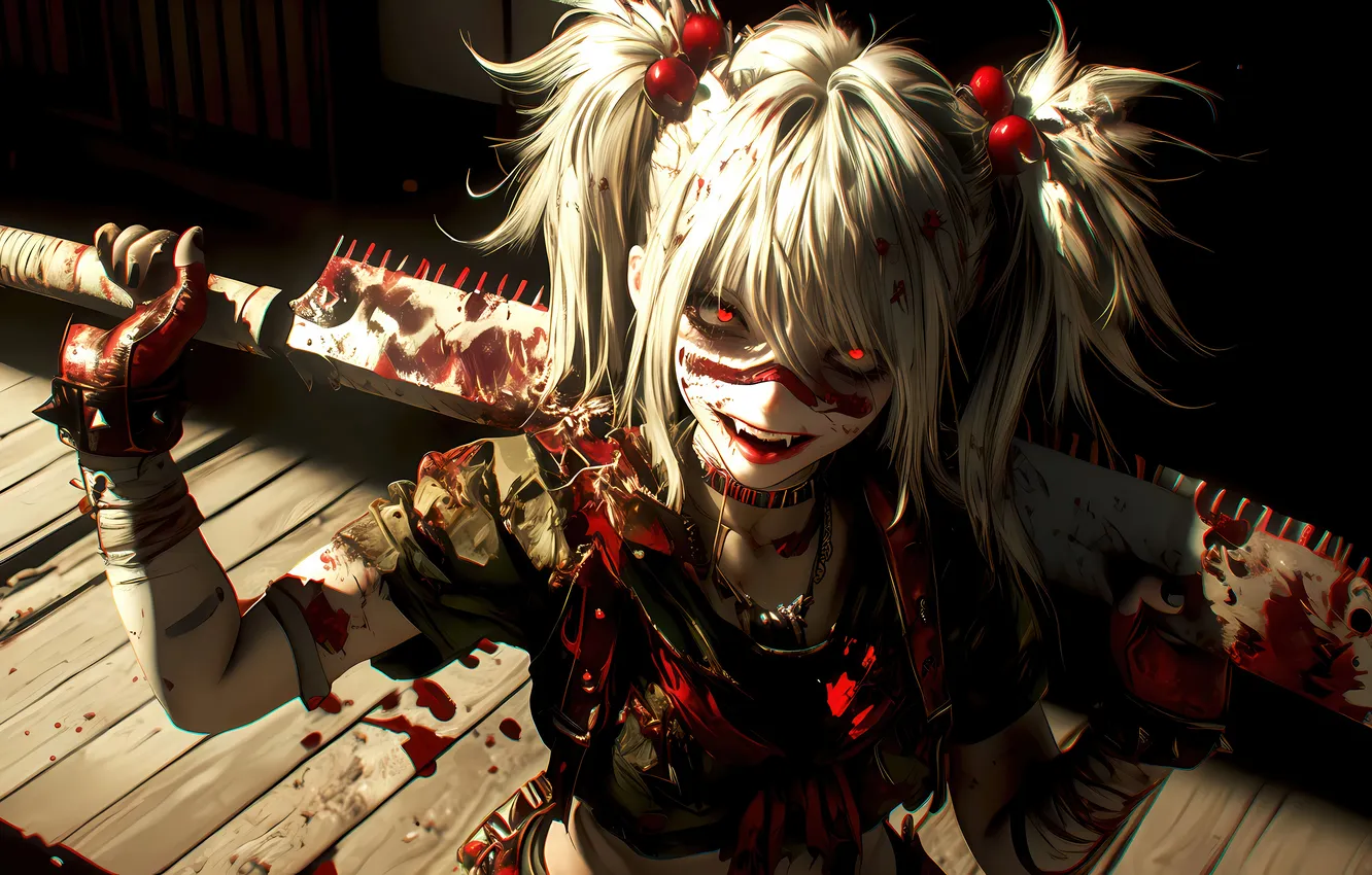 Фото обои girl, sword, blood, game, weapon, anime, red eyes, ken