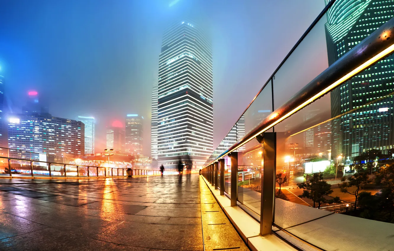 Фото обои Китай, Гонконг ночью, Легкие трассы в Шанхае