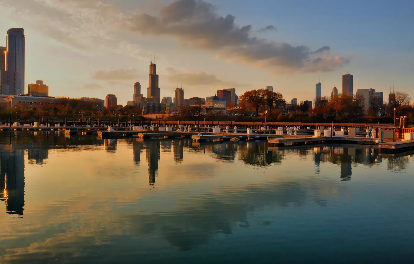 Фото обои осень, город, бухта, небоскребы, вечер, причал, Чикаго, Chicago