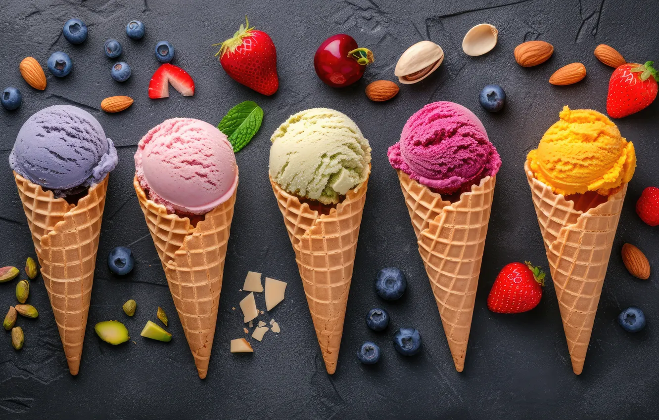 Фото обои ягоды, colorful, мороженое, фрукты, рожок, fruits, berries, ice cream