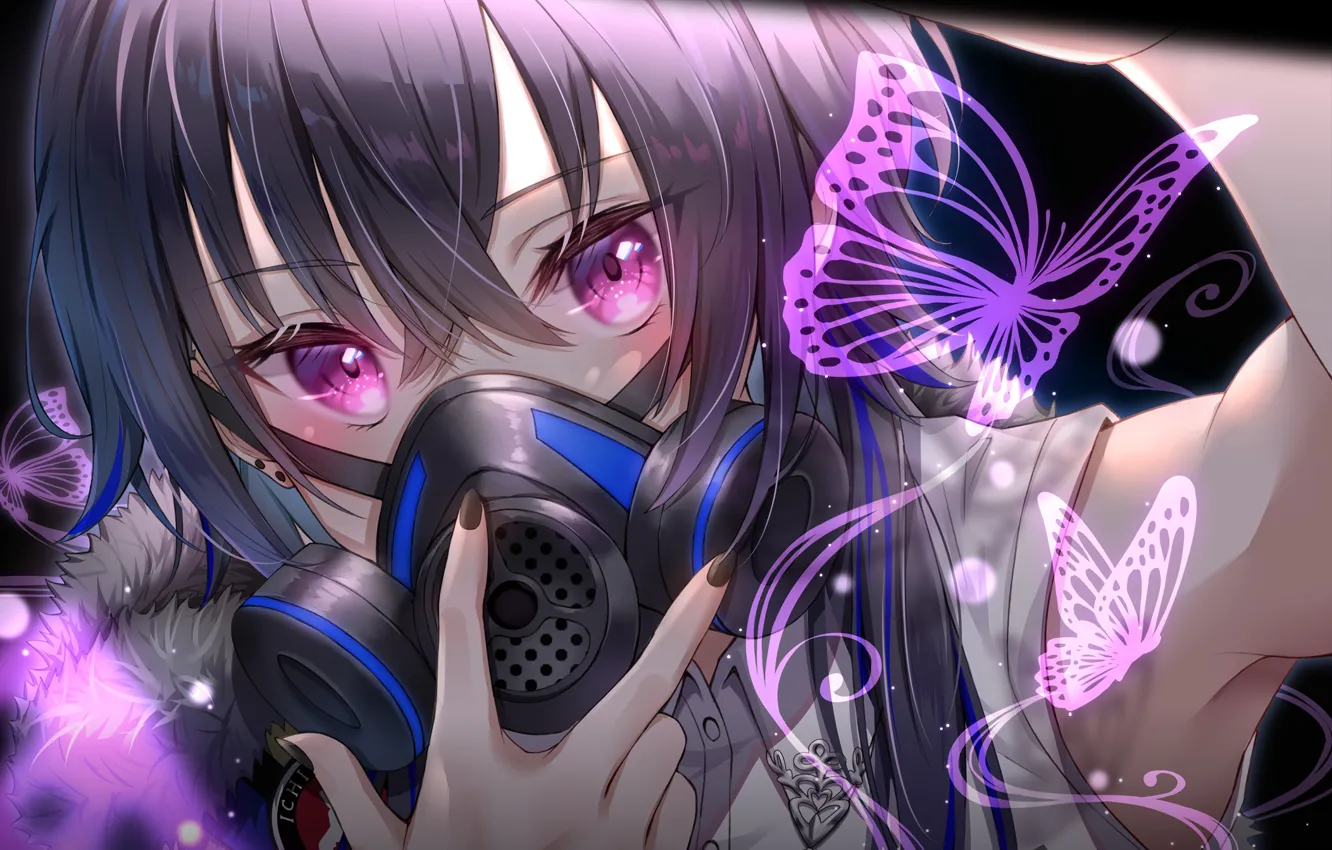 Фото обои девушка, бабочки, респиратор, Hololive, виртуальный ютубер, Ichinose Uruha