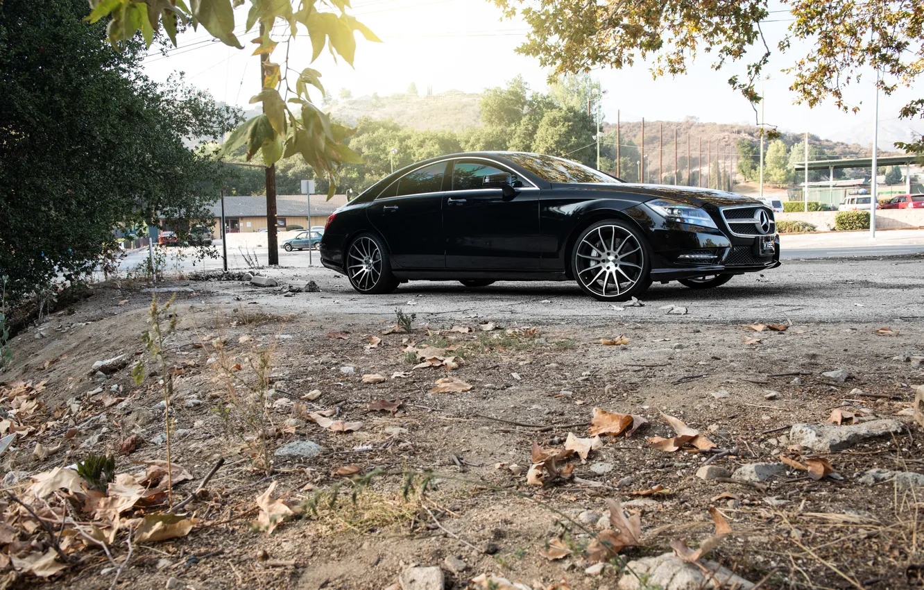 Фото обои черный, side, диски, black, Mercedes Benz, мерседес, CLS550