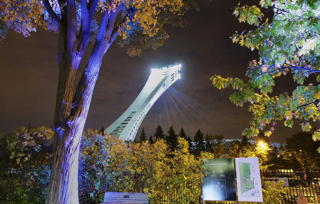 Фото обои ночь, огни, Канада, Монреаль, Олимпийский стадион
