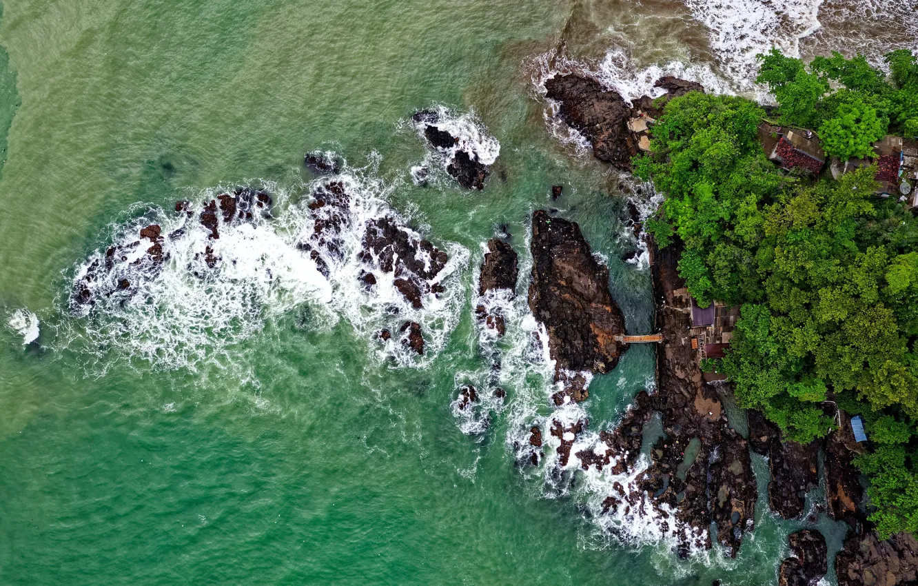 Фото обои sea, coast, bridge, rocks, tide, islands, aerial view