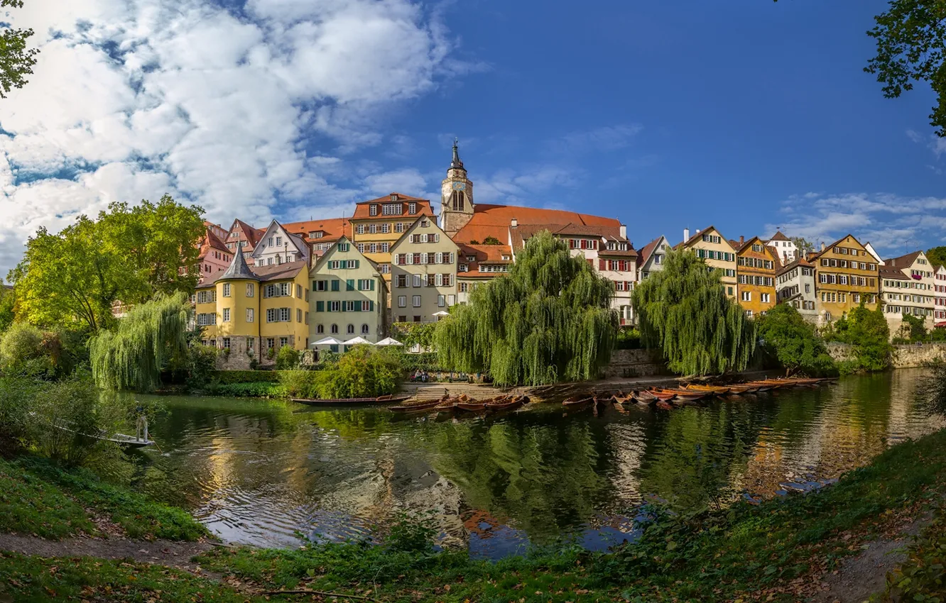 Фото обои река, здания, Германия, панорама, набережная, Germany, Баден-Вюртемберг, Baden-Württemberg