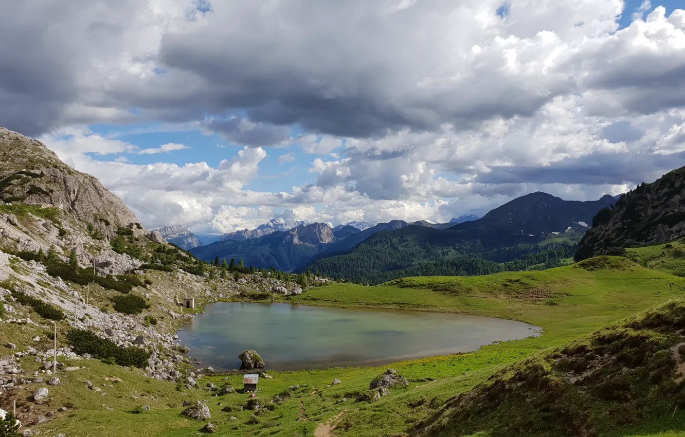Фото обои Clouds, Italy, Mountains, Lake, Dolomites, Valparola