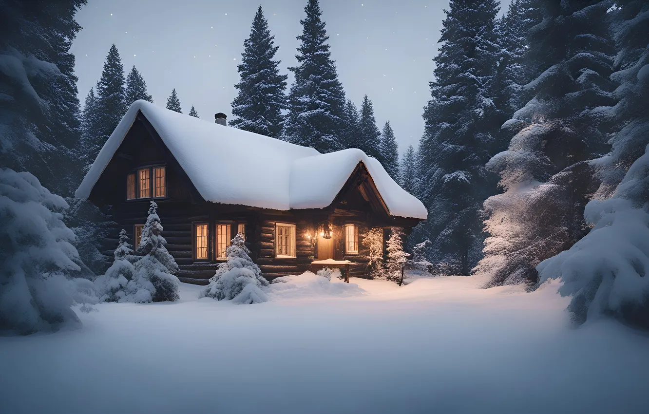 Фото обои зима, лес, снег, домик, house, хижина, forest, winter