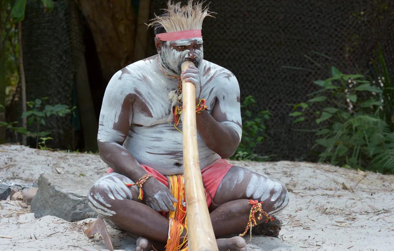 Фото обои body painting, musical instrument, australian aborigine